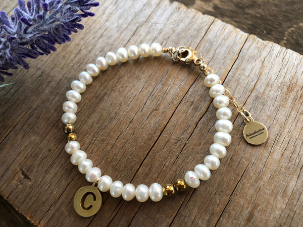 White pearl initial bracelet