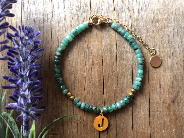 Natural emerald ombré bracelets with initial charm