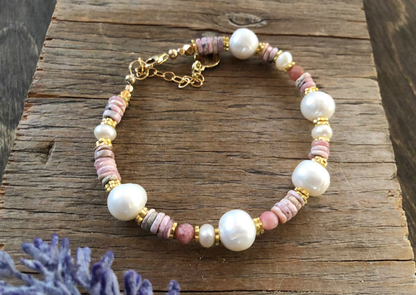 Rhodochrosite pearl bracelet