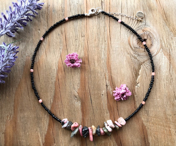 Pink rhodochrosite with black seed beads necklace