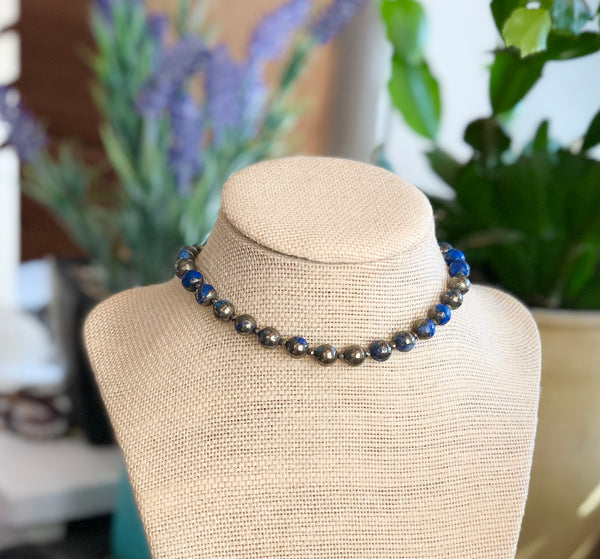 Blue quartz pyrite beaded necklace