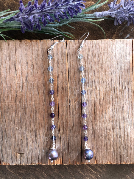 AAA sparkling Rainbow fluorite long dangle earrings with fresh water pearl