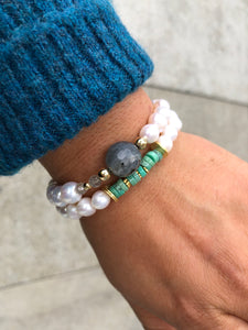 Pearl bracelet stack with labradorite & chrysoprase