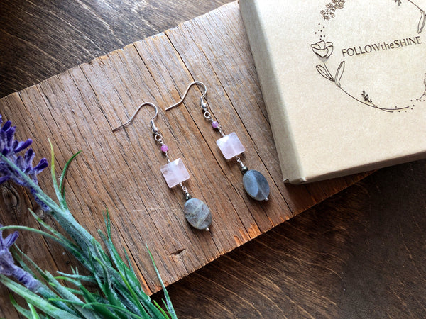 Pink Labradorite rose with quartz dangle earrings