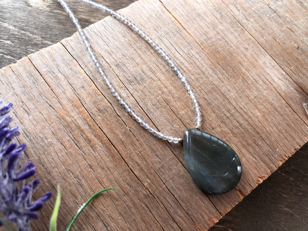 Moss agate pendant necklace with Labradorite