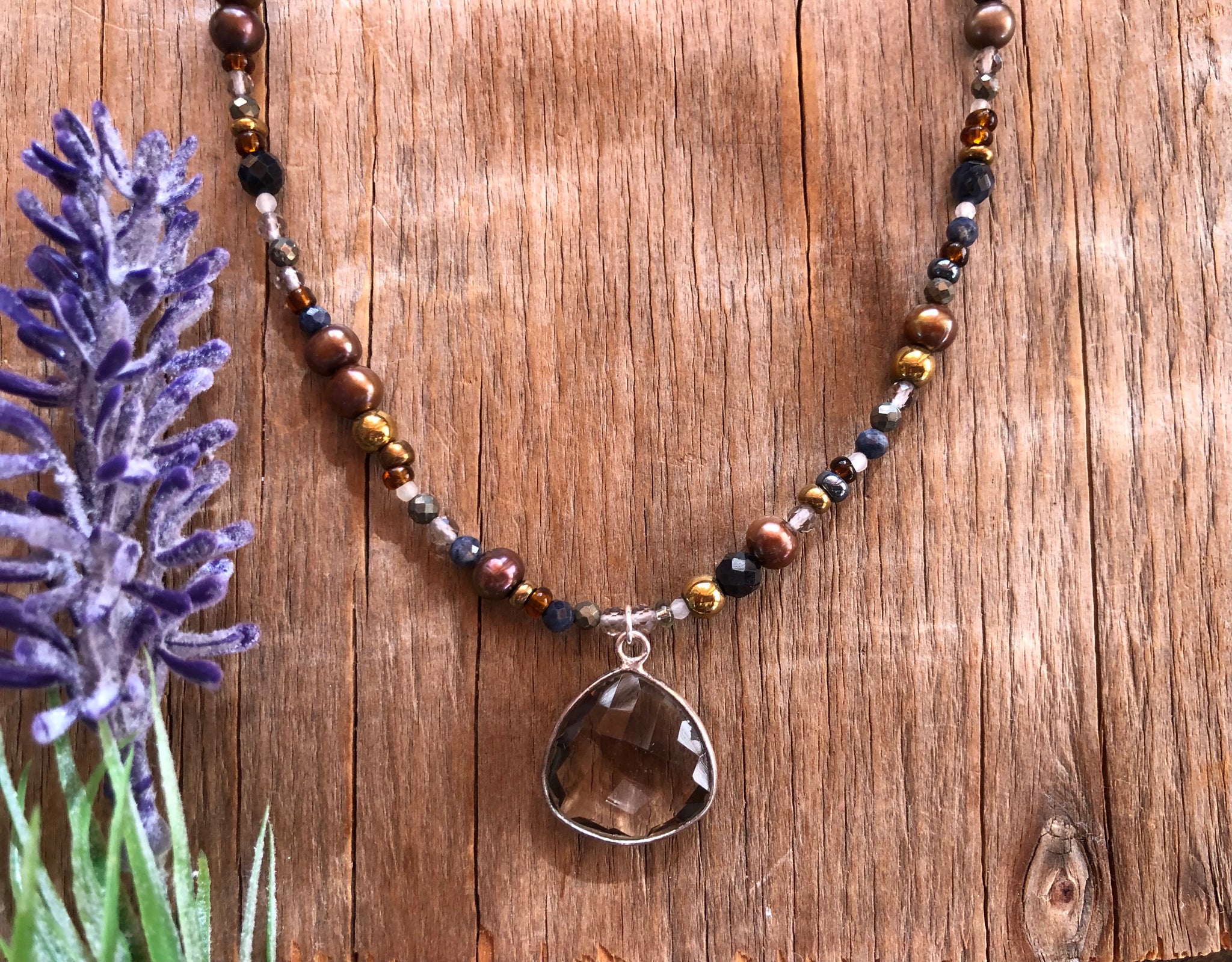 Smokey quartz pendant necklace with sapphire