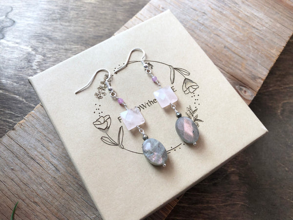 Pink Labradorite rose with quartz dangle earrings