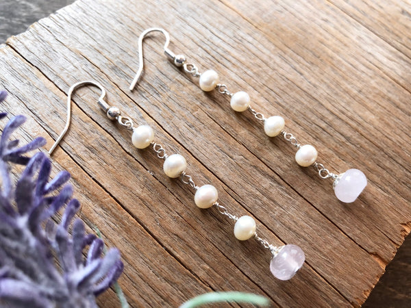 White pearl rose quartz dangle earrings