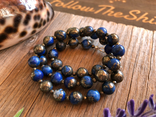 Blue quartz pyrite beaded necklace