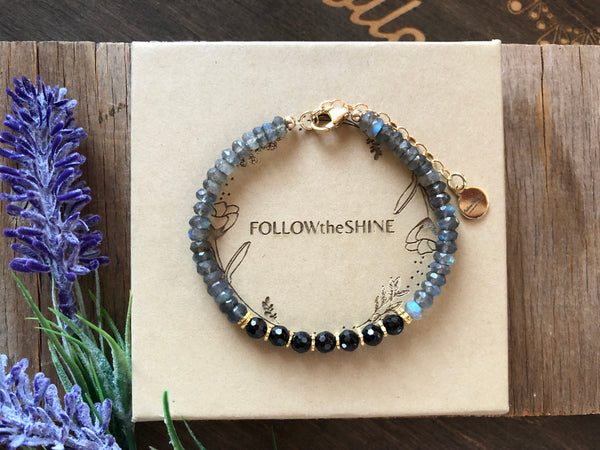 Fire blue Labradorite with Black Spinel bracelet