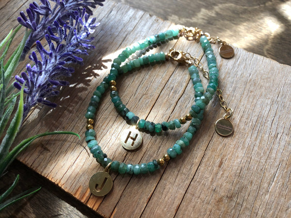 Natural emerald ombré bracelets with initial charm