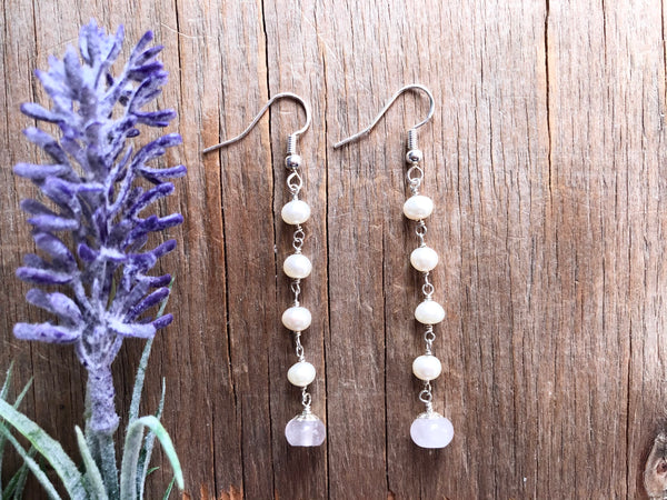 White pearl rose quartz dangle earrings