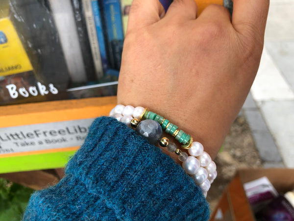 Pearl bracelet stack with labradorite & chrysoprase