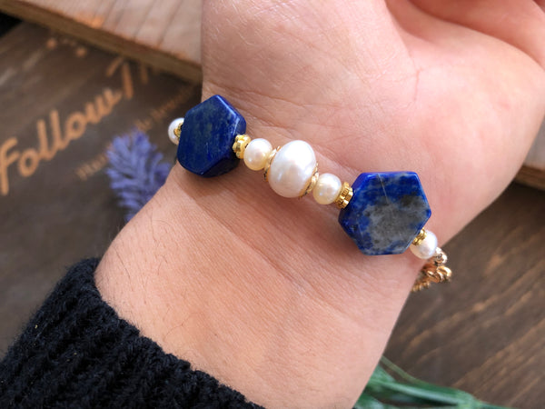 Lapis hexagon bead bracelet with pearls