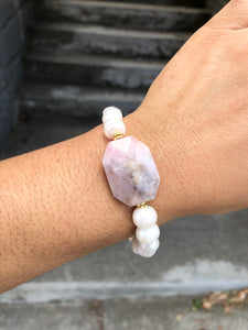 Pink Opal pendant Stretchy Pearl bracelet