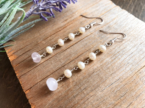 White pearl rose quartz dangle earrings