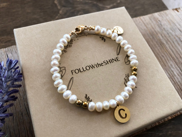 White pearl initial bracelet