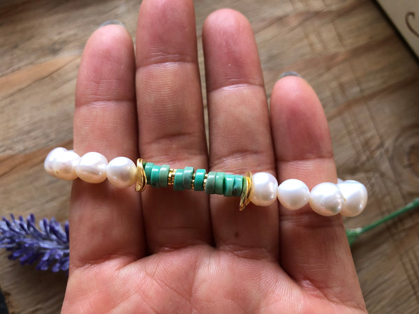 Pearl bracelet stack with labradorite & chrysoprase