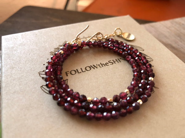 Simple garnet beaded necklace with 14k gold filled beads