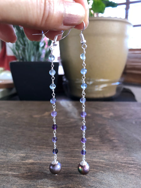 AAA sparkling Rainbow fluorite long dangle earrings with fresh water pearl