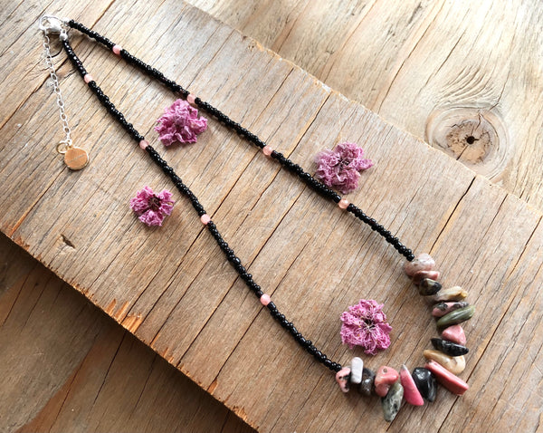 Pink rhodochrosite with black seed beads necklace