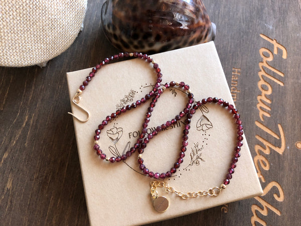 Simple garnet beaded necklace with 14k gold filled beads